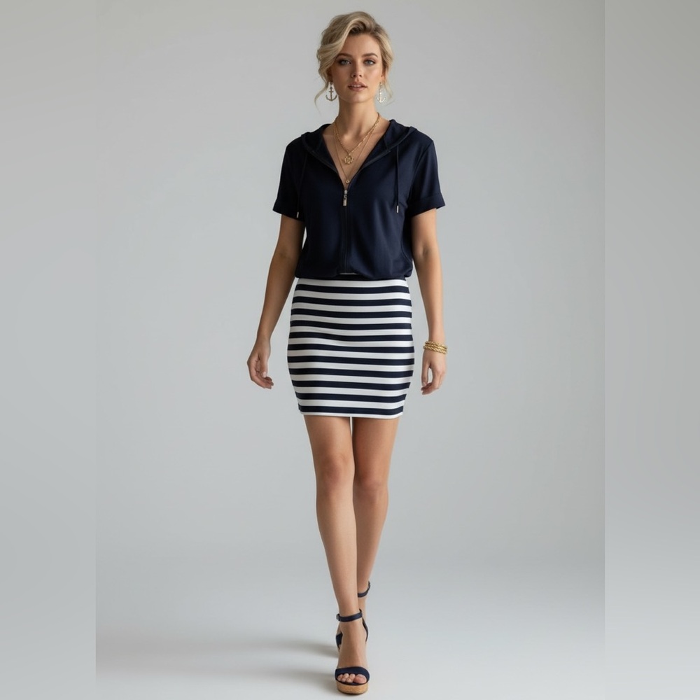 ✨Allegra K Navy Zip Hoodie Dress with Striped Bodycon Skirt